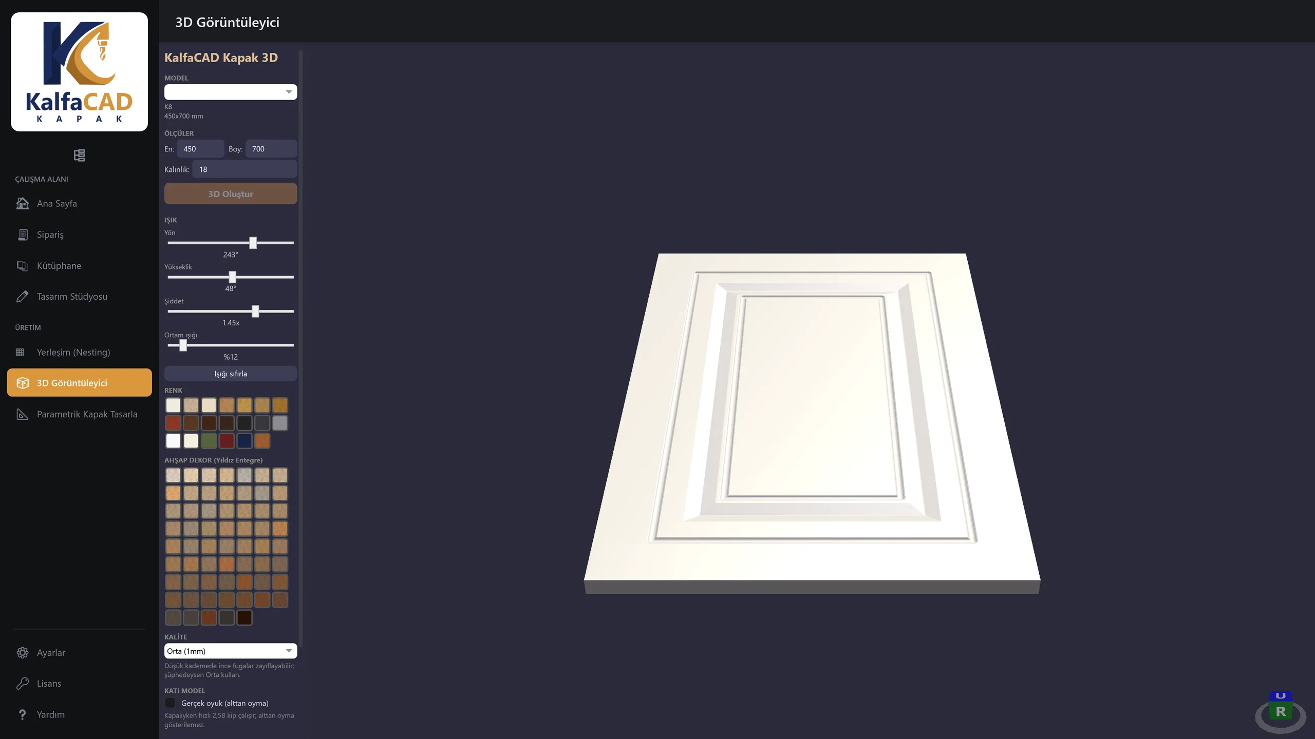 3D Görüntüleyici: K8 kapak, renk ve dekor paneli